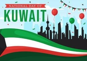 nacional Kuwait dia vetor ilustração em fevereiro Dia 25 com marco, acenando bandeira e independência celebração dentro plano desenho animado fundo