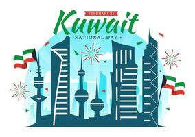 nacional Kuwait dia vetor ilustração em fevereiro Dia 25 com marco, acenando bandeira e independência celebração dentro plano desenho animado fundo