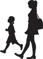 uma mãe indo para escola com dela criança vetor silhueta 2