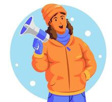 ilustração do uma menina dentro inverno roupas segurando uma megafone vetor