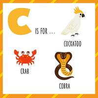 Aprendendo Inglês alfabeto para crianças. carta c. fofa desenho animado cacatua caranguejo cobra. vetor