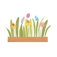 ícone de vaso de madeira de flores de jardim, estilo desenho animado vetor