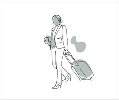 contínuo linha desenhando do mulher puxar malas em período de férias viagens vetor