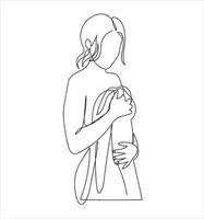 contínuo linha desenhando do uma mulher secagem dele cabelo com toalha banheiro Atividades vetor ilustração