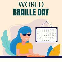 ilustração vetor gráfico do cego mulher vestindo oculos de sol é lendo com braille alfabeto, perfeito para internacional dia, mundo Brailley dia, comemoro, cumprimento cartão, etc.