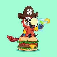 fofa desenho animado arara pássaro mascote sentar em hamburguer e aguarde coquetel usar pirata chapéu.adorável desenho animado mascote ilustração vetor