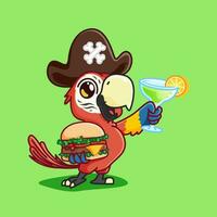 fofa desenho animado arara pássaro mascote aguarde hamburguer e coquetel usar pirata chapéu.adorável desenho animado mascote ilustração vetor