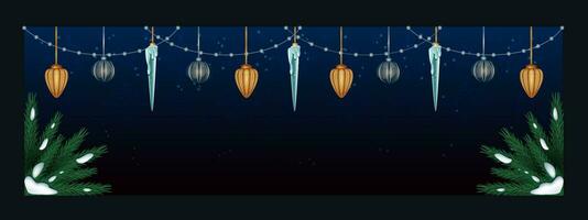 horizontal Novo ano fundo com abeto galhos e Natal árvore brinquedos. inverno feriado bandeira com flocos de neve para saudações, rede ou marketing vetor