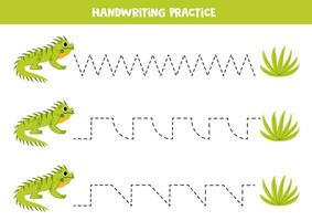 rastreamento linhas para crianças. fofa desenho animado iguana e arbusto. caligrafia prática. vetor