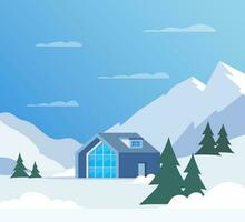 paisagem de montanha de inverno com casa grande para turistas. férias de inverno nas montanhas, estações de esqui, aluguel de casas. ilustração em vetor plana.