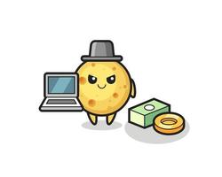 ilustração do mascote do queijo redondo como um hacker vetor
