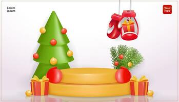 Natal e boxe dia produtos pódio, cilindro vendas produtos pódio com Natal árvore, boxe luvas e presente elementos. 3d vetor, adequado para vendas baner vetor