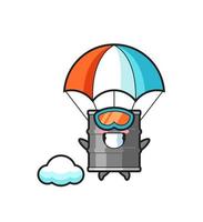 desenho do mascote do tambor de óleo fazendo paraquedismo com um gesto feliz vetor