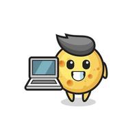 ilustração do mascote de queijo redondo com um laptop vetor