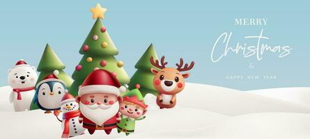 Natal ilustração inverno panorama fofa 3d personagens. papai noel, rena, duende, pinguim, polar urso, e uma boneco de neve, Natal árvore. perfeito para feriado saudações e decorações. não ai gerado. vetor