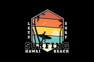 surf hawaii beach, design silhouette style retro vetor