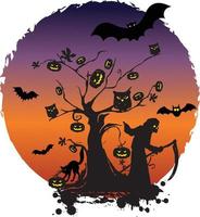feliz dia das bruxas assustador ilustração com gato, morcegos e fundo do local do sol do castelo vetor