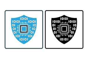 cíber segurança escudo ícone. escudo com binário código. ícone relacionado para protegendo digital a infraestrutura e dados dentro indústria. sólido ícone estilo. simples vetor Projeto editável