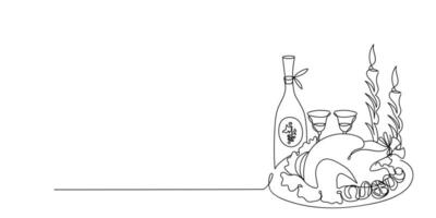 Ação de graças jantar desenhado de 1 linha. esboço. uva vinho, copos, assado peru, velas. contínuo linha desenhando feriado arte. vetor ilustração dentro rabisco estilo.