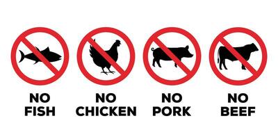 não carne de porco, frango, carne bovina, e peixe sinais. proibitivo sinais com cruzado Fora porco, galinha, vaca, e carpa, símbolos. não animal placa símbolo ícone coleção vetor
