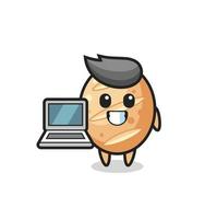 ilustração do mascote do pão francês com um laptop vetor