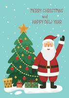 Natal cartão ou poster santa claus acenando mão, presente caixas, Natal árvore, neve e texto alegre Natal e feliz Novo ano em azul fundo. plano desenho animado vetor ilustração.