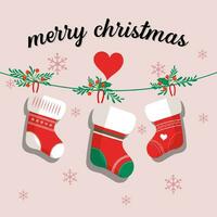 alegre Natal cartão fundo com Natal meias suspensão e flocos de neve vetor