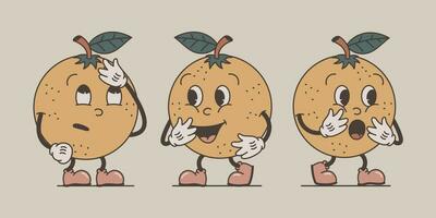 engraçado groovy retro personagem laranja. conjunto do vetor isolado alegre fruta, velho desenho animado estilo. emoções do surpresa, enrolado olhos.
