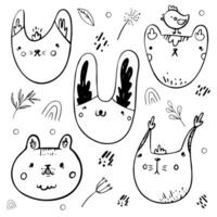 fofa animais conjunto adesivos.desenhos animados animal coloração personagens para crianças.preto branco infantil vetor ilustração