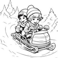 2 crianças em uma trenó deslizar Nevado vetor
