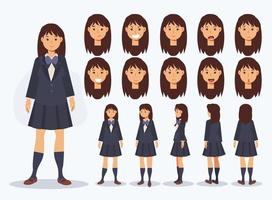 estudante japonesa de uniforme com vários pontos de vista vetor