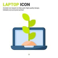 laptop e planta ícone do vetor com estilo de cor lisa, isolado no fundo branco. ilustração vetorial conceito de ícone de símbolo de sinal de computador para agricultura digital, indústria, agricultura, aplicativos e todos os projetos