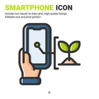 vetor de ícone de smartphone e planta com estilo de cor de contorno isolado no fundo branco. ilustração vetorial conceito de ícone de símbolo de sinal de telefone para agricultura digital, logotipo, agricultura, aplicativos e projeto