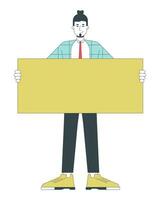 caucasiano escritório homem em pé com cartaz 2d linear desenho animado personagem. roupa formal empregado isolado linha vetor pessoa branco fundo. sorridente segurando em branco bandeira cor plano local ilustração