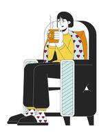 casa tratamento gripe linha desenho animado plano ilustração. coreano mulher com quente beber sentado dentro confortável poltrona 2d lineart personagem isolado em branco fundo. cura chá cena vetor cor imagem