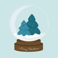 feriado decoração vidro neve globo com evergreens. alegre Natal bandeira em azul fundo. vetor