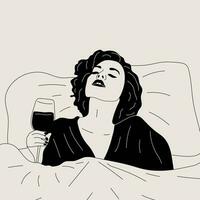 Preto e branco mulher bebidas uma vidro do vinho dentro cama. vetor. vinho Tempo vetor