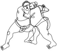 dois lutadores de sumô japoneses ou rikishi wrestling desenho de linha contínua vetor
