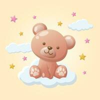 vetor fofa Urso de pelúcia Urso boneca em nuvem com Estrela para bebê Garoto menina ilustração