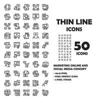 Conjunto de 50 ícones de ícones de linha online de marketing. vetor