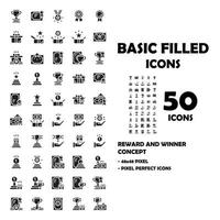 Conjunto de 50 ícones de ícones sólidos de recompensa e vencedor. vetor
