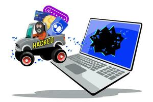 hacker roubar moedas e dados a partir de caderno de caminhão, cyber segurança conceito. vetor