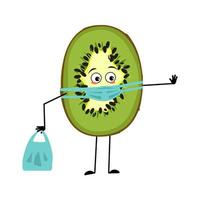 Personagens fofinhos de kiwi com emoções, rosto e máscara mantêm distância, mãos com sacola de compras e gesto de parada. um herói triste, uma fruta tropical exótica com olhos vetor