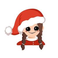 avatar de uma menina com olhos grandes e um grande sorriso feliz em um chapéu de Papai Noel vermelho. lindo filho com uma cara alegre em um traje festivo para o ano novo e o Natal. cabeça de criança adorável com emoções alegres vetor