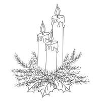 Natal velas com abeto galhos e azevinho. lineart com fino linhas. vetor. vetor