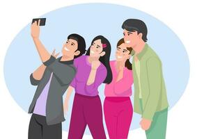 amigos, jovem homens e mulheres levar selfies juntos capturar a a maioria impressionante atmosfera vetor