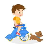Garoto equitação uma bicicleta com dele cachorro vetor