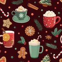 inverno quente bebidas e Pão de gengibre biscoitos desatado padronizar. desenho animado festivo padaria. Natal feriado temático digital papel. vetor