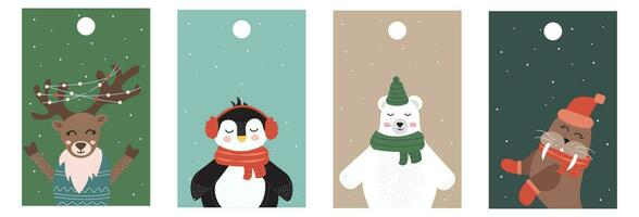vetor Natal Novo ano bandeira com engraçado personagens urso, pinguim e cervo. conjunto do engraçado Natal cartões
