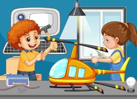 cena com crianças consertando um helicóptero de brinquedo juntas vetor